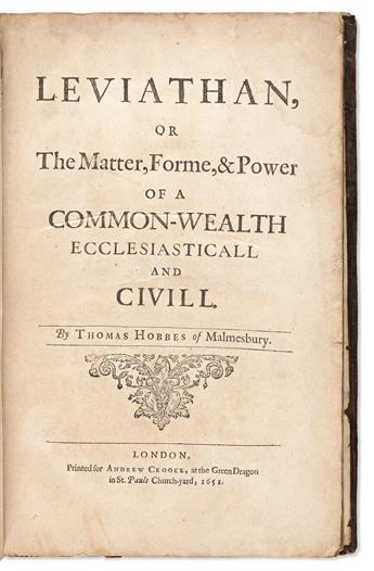 Hobbes, Thomas (1588-1679) Leviathan, or The Matter, Forme, & Power of a Common-Wealth Ecclesiasticall and Civill.